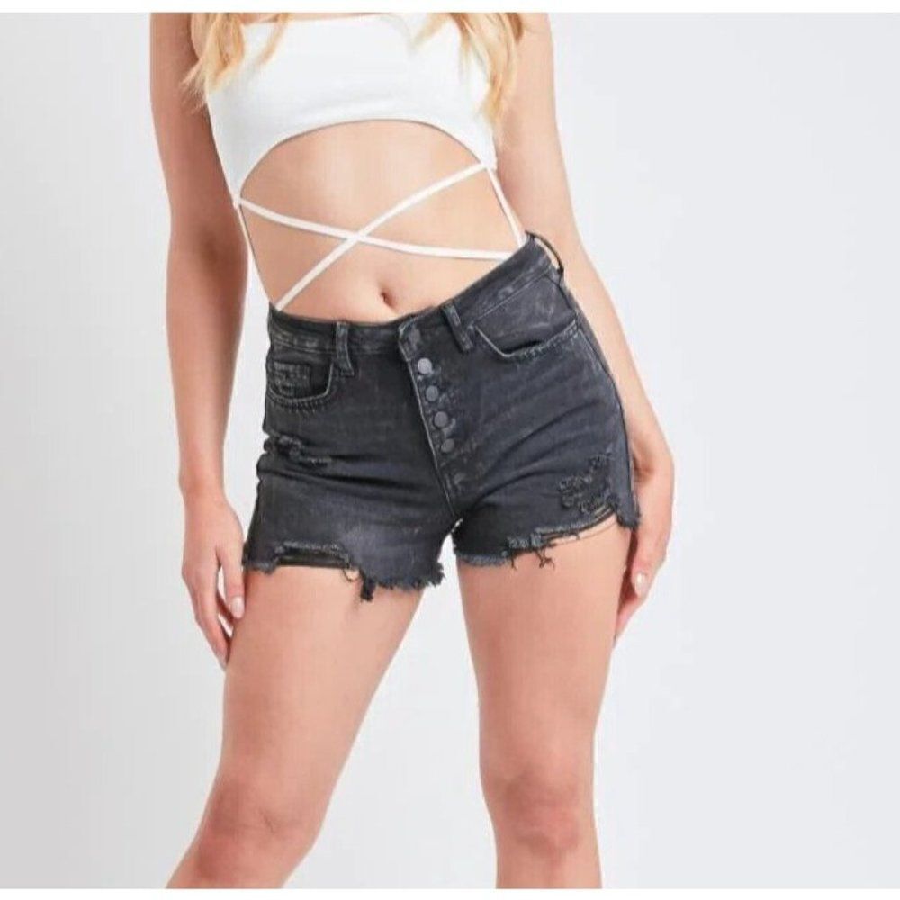 YMI High Rise Dream Fit Shorts Black Dark Wash Womens 11 / 30 Button Fly Denim‎